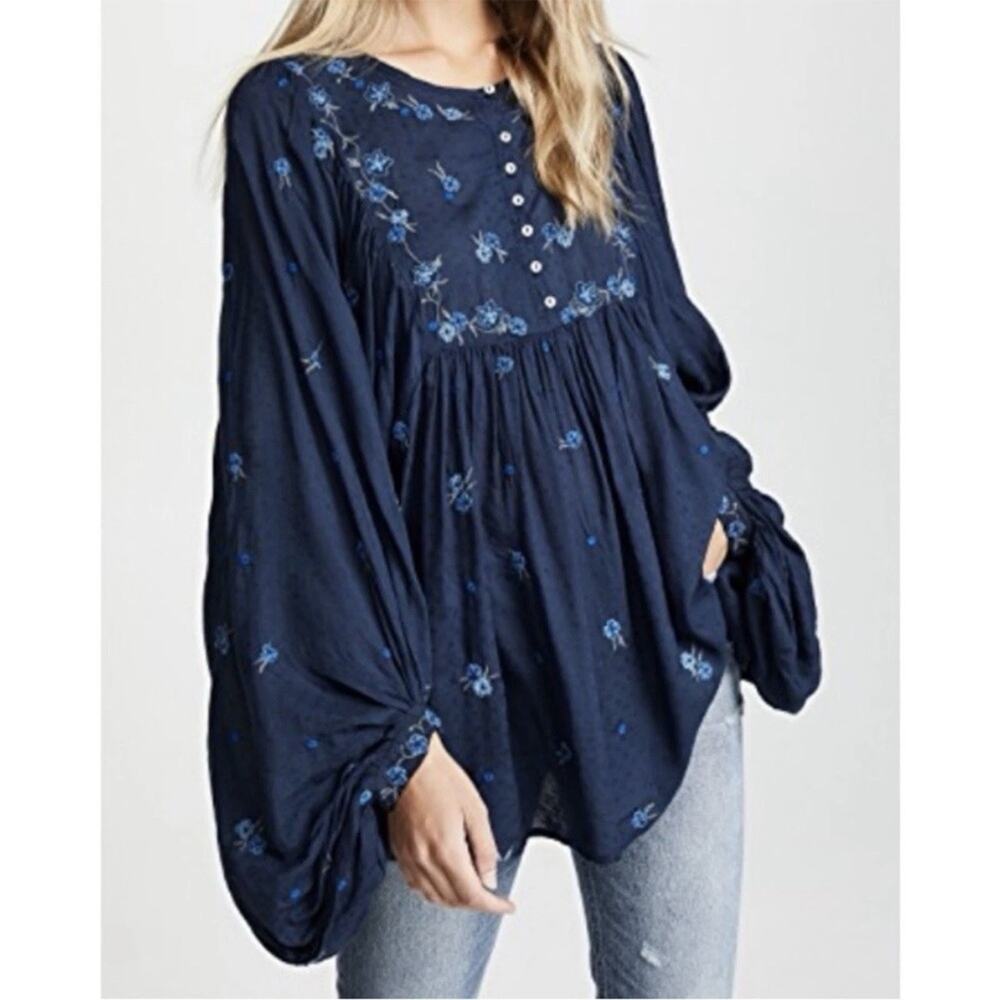 Free People Kiss From A Rose Boho Tunic Shirt XS Boho Oversized Embroidery Flowy
